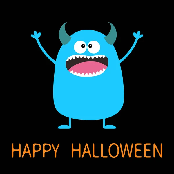 Happy Halloween. Cute blue monster icon. Cartoon colorful scary funny character. Eyes, tongue, horns, holding hands up. Funny baby collection Black background Isolated Flat design Vector illustration