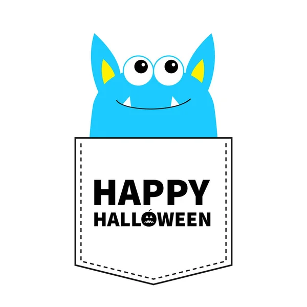 Happy Halloween Blue Monster Silhouette Pocket Looking Cute Cartoon Scary — Stock Vector