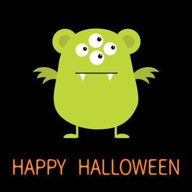 Cadılar Bayramınız Kutlu Olsun. Sevimli yeşil canavar simgesi. Çizgi film renkli korkunç komik karakter. Gözler, kulaklar, kanatları. Komik bebek koleksiyonu. Siyah arka plan göl kenarında. Düz tasarım. Vektör çizim