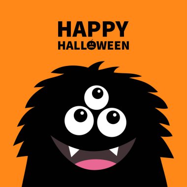 Cadılar Bayramınız Kutlu Olsun. Gülümseyen canavar baş siluet. Thtee gözleri, dişler, dil, kabarık saç. Siyah komik sevimli çizgi film karakteri. Bebek koleksiyonu. Düz tasarım. Turuncu arka plan. Vektör çizim