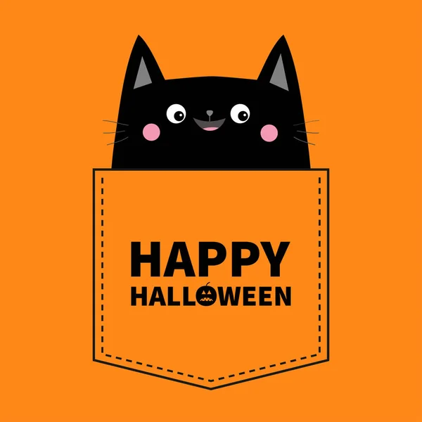 Χαρούμενο Χελοουγουίν Χαριτωμένο Μαύρη Γάτα Στην Τσέπη Ροζ Μάγουλα Doodle — Διανυσματικό Αρχείο