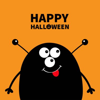 Cadılar Bayramınız Kutlu Olsun. Sevimli siluet siyah canavar yüz simgesi. Çizgi film renkli korkunç komik karakter. Gözler, kulaklar anten, ağız, dil. Komik bebek koleksiyonu. Turuncu arka plan düz tasarlamak vektör