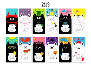 Kedi yatay aylık takvim 2019. Şirin komik karikatür karakter kümesi. Bütün ay. Mutlu Sevgililer Noel St Patrick günü Paskalya yortusu yumurta kuş tavuk şemsiye, yağmur. Noel Baba şapkası, Güneş düz tasarım vektör