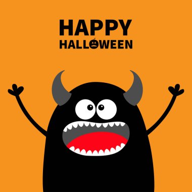 Cadılar Bayramınız Kutlu Olsun. Sevimli siluet siyah canavar yüz. Çizgi film renkli korkunç komik karakter. Gözler, dil, boynuzları, el ele tutuşarak. Komik bebek koleksiyonu. Turuncu arka plan. Düz tasarım. Vektör