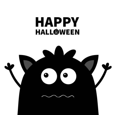 Cadılar Bayramınız Kutlu Olsun. Sevimli siluet siyah canavar yüz simgesi. Çizgi film renkli korkunç komik karakter. Gözler, kulaklar, ağız, saç. Komik bebek koleksiyonu. Beyaz arka plan. Düz tasarım vektör çizim