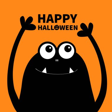 Cadılar Bayramınız Kutlu Olsun. Canavar baş siluet. İki göz, diş fang, eller. Baş aşağı asılı. Siyah komik sevimli çizgi film karakteri. Bebek koleksiyonu. Düz tasarım. Turuncu arka plana göl kenarında. Vektör
