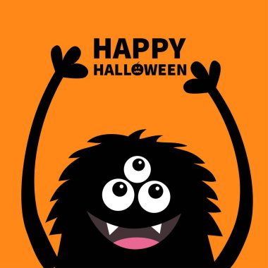 Cadılar Bayramınız Kutlu Olsun. Gülümseyen canavar baş siluet. Thtee gözleri, dişler, dil, kabarık saç, eller yukarı. Siyah komik sevimli çizgi film karakteri. Bebek koleksiyonu. Düz tasarım. Turuncu vektör arka plan