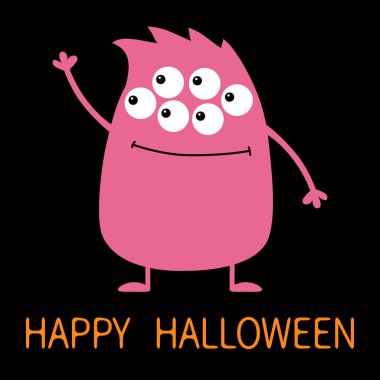 Cadılar Bayramınız Kutlu Olsun. Sevimli pembe canavar simgesi. Çizgi film renkli korkunç komik karakter. Gözler, saç, kadar el sallayarak elele. Komik bebek koleksiyonu. Siyah arka plan göl kenarında. Düz tasarım. Vektör