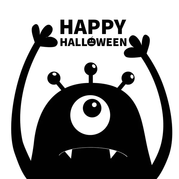 Glad Halloween Monster Huvud Silhuett Ena Ögat Tänder Fang Händerna — Stock vektor