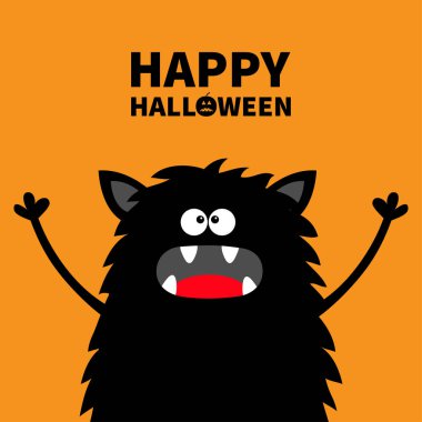 Cadılar Bayramınız Kutlu Olsun. Sevimli siluet siyah canavar yüz simgesi. Çizgi film renkli korkunç komik karakter. Gözler, dil, fang, kulak, el ele tutuşarak. Komik bebek koleksiyonu turuncu arka plan düz tasarlamak vektör