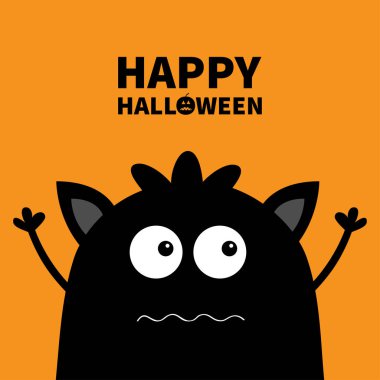 Cadılar Bayramınız Kutlu Olsun. Sevimli siluet siyah canavar yüz simgesi. Çizgi film renkli korkunç komik karakter. Gözler, kulaklar, ağız, saç. Komik bebek koleksiyonu. Turuncu arka plan. Düz tasarım vektör çizim