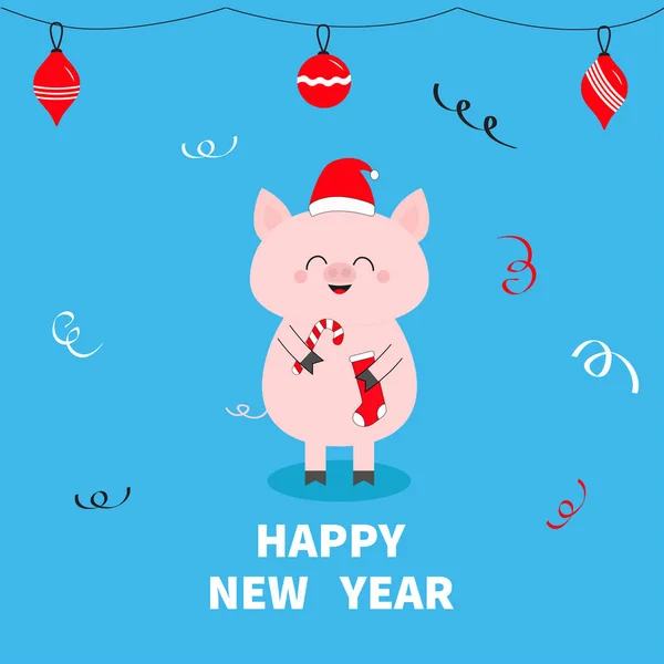 Feliz Ano Novo Brinquedos Bolas Natal Porco Segurar Bengala Meia — Vetor de Stock
