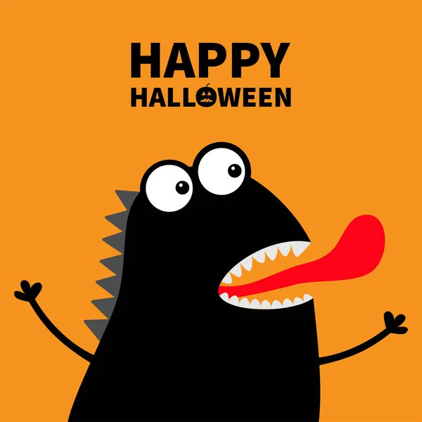 Happy Halloween. Cute black silhouette monster face icon. Cartoon colorful scary funny character. Eyes, mouth showing tongue. Funny baby collection. Orange background Flat design. Vector illustration