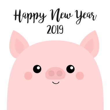 Pembe domuz domuz yavrusu. Mutlu yeni yıl 2019. Kafa gülümseyen domuz surat. Sembol chinise. Sevimli çizgi film komik kawaii bebek karakteri. Düz tasarım. Beyaz arka plan. İzole. Vektör çizim