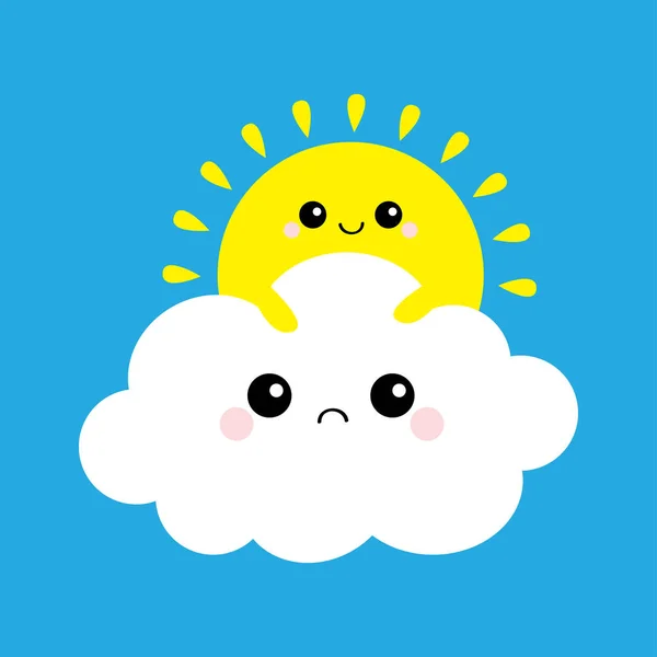 Sole Che Tiene Nube Giallo Bianco Tramontato Faccia Sorridente Triste — Vettoriale Stock