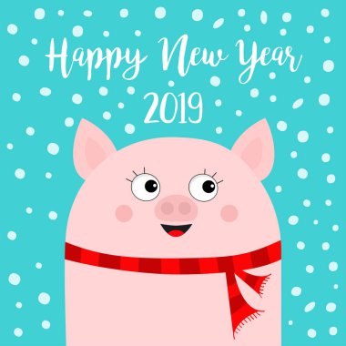 Mutlu yeni yıl 2019. Kırmızı şal domuz. Sembol chinise. Eller yukarı. Aşağı düşen kar tanesi. Sevimli çizgi komik karakter. Düz tasarım. Mavi arka plan. İzole. Vektör çizim