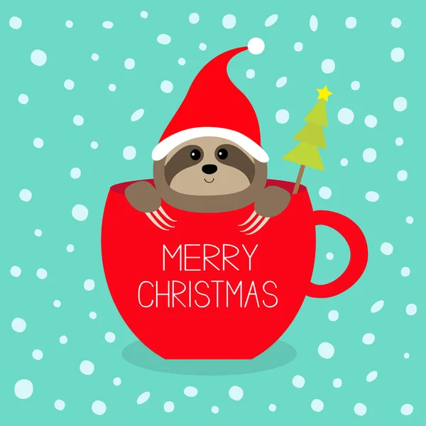 Joyeux Noël Sapin Sloth Assis Dans Une Tasse Café Rouge — Image vectorielle