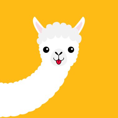 Lama alpaka hayvan yüz, uzun boyunlu. Sevimli çizgi film komik kawaii karakteri. Kabarık saç kürk. T-shirt, tebrik kartı, poster şablonu yazdırma. Çocukça bebek koleksiyonu. Düz tasarım sarı arka plan vektör