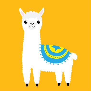Alpaka Lama hayvan. Sevimli çizgi film komik kawaii karakteri. Kabarık saç kürk. Çocukça bebek koleksiyonu. T-shirt, tebrik kartı, poster şablonu yazdırma. Düz tasarım. Sarı arka plan. İzole. Vektör