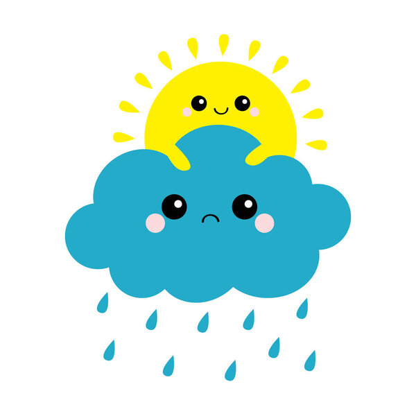 Sun holding cloud set. Rain drop weather. Smiling and sad face. Friends forever. Fluffy clouds. Cute cartoon cloudscape. Cloudy weather sign symbols. Flat design White sky background. Isolated. Vector