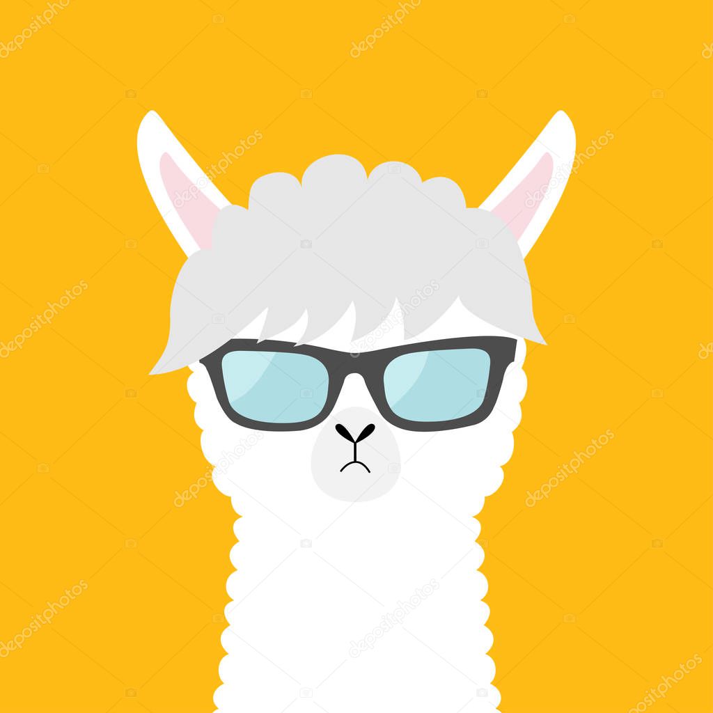 Llama alpaca animal wearing sun glassess. Cute cartoon funny kawaii character. Fluffy hair fur. Childish baby collection. T-shirt, greeting card, poster print. Flat design. Yellow background. Vector