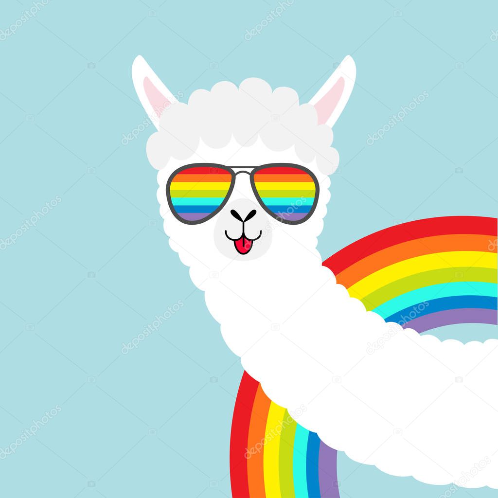 Llama alpaca animal face in rainbow glassess. Fluffy hair fur. Cute cartoon funny kawaii character. T-shirt, greeting card, poster print. Gay symbol collection. Flat design. Blue background. Vector