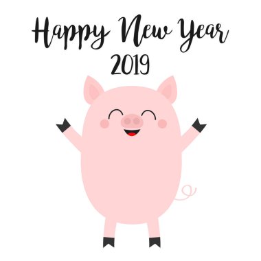 Beyaz arka plan üzerinde pembe domuz ile mutlu yeni yıl 2019