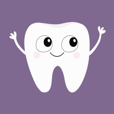 Diş simgesi. Büyük gözler, eller. Şirin komik karikatür karakter gülümseyerek. Sözlü dişlerle ilgili sağlık bilgisi. Çocuk Diş Bakımı. Diş sağlığı. Bebek menekşe arka plan. Düz tasarım vektör çizim