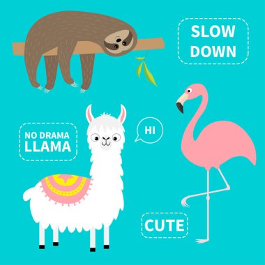 Alpaka, flamingo, tembellik küme. Yok drama Lama. Yavaşlamak. Sevimli çizgi film komik kawaii karakteri. Çocukça bebek koleksiyonu. T-shirt, tebrik kartı, poster şablonu yazdırma. Düz mavi renkli vektör tasarımı