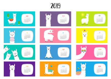 Lama alpaka takvim 2019. Yatay aylık. Şirin komik karikatür karakter kümesi. Bütün ay. Mutlu Sevgililer Noel St Patrick günü Paskalya yortusu yumurta kuş tavuk şemsiye Santa şapka güneş düz tasarım vektör