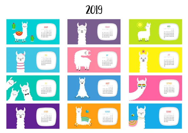 Calendário Llama Alpaca 2019 Horizontal Mensal Conjunto Personagens Engraçados Desenhos —  Vetores de Stock