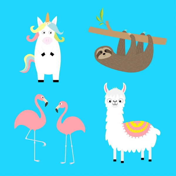 Alpaca Llama Flamenco Pereza Conjunto Unicornio Lindo Personaje Dibujos Animados — Archivo Imágenes Vectoriales
