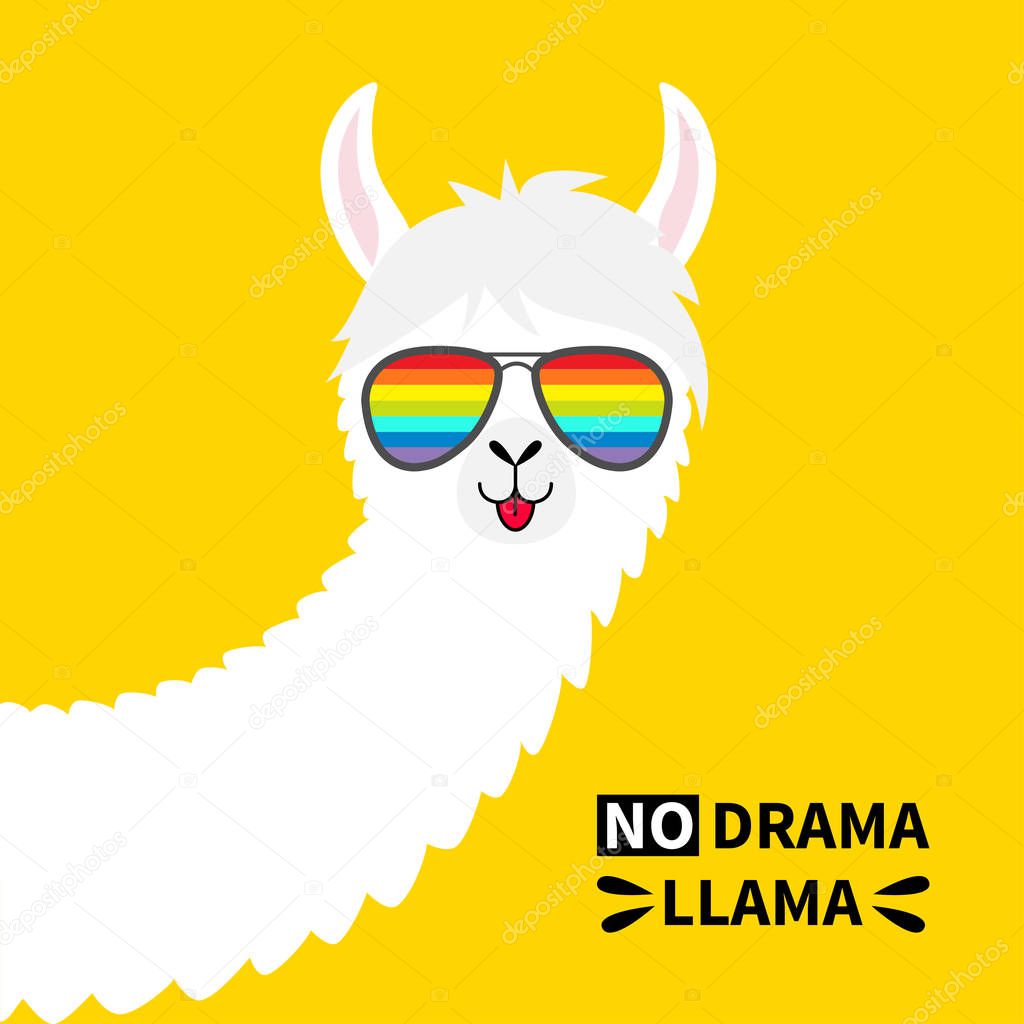 Alpaca llama animal face in rainbow glassess. No drama. Cute cartoon funny kawaii character. T-shirt, greeting card, poster print. Childish baby collection. Flat design. Yellow background. Vector