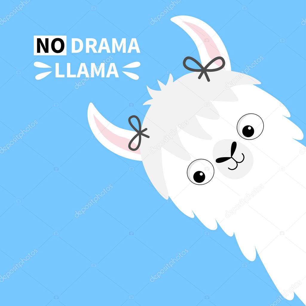 Llama alpaca animal face. No drama. Girl with bow. Cute cartoon funny kawaii character. Childish baby collection. T-shirt, greeting card, poster template print. Flat design. Blue background. Vector