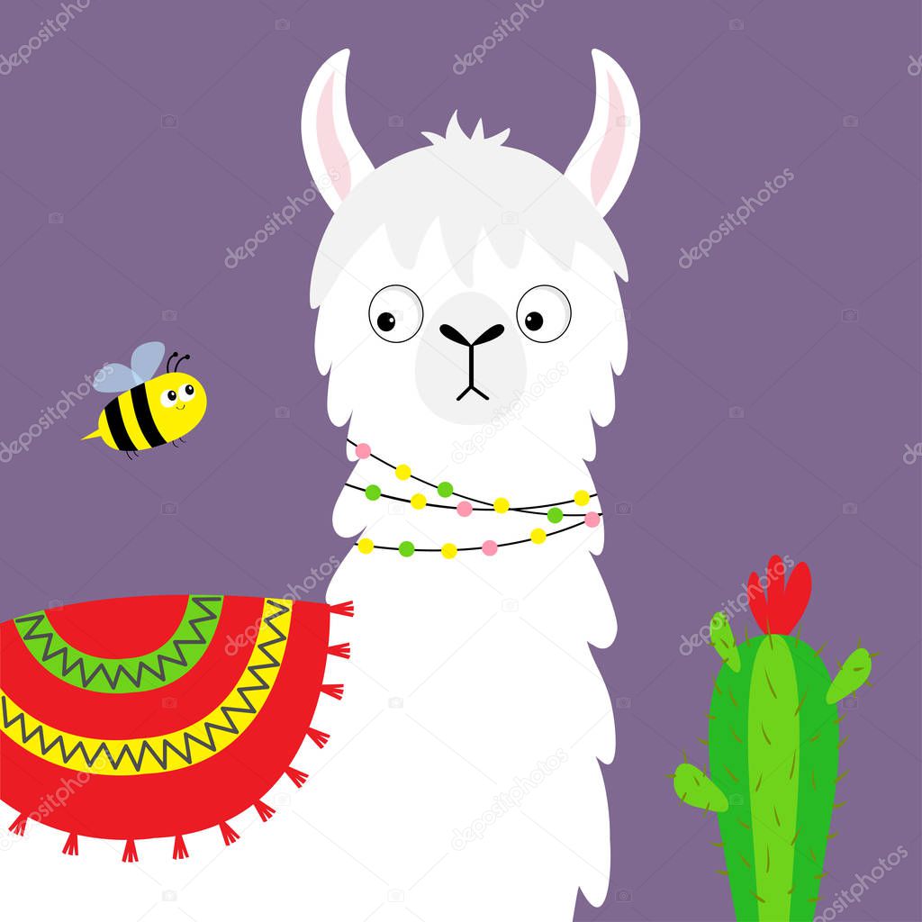 Llama alpaca face, bee, cactus. Childish baby collection. Cute cartoon funny kawaii character. Fluffy hair fur. T-shirt, greeting card, poster template print. Flat design. Violet background. Vector
