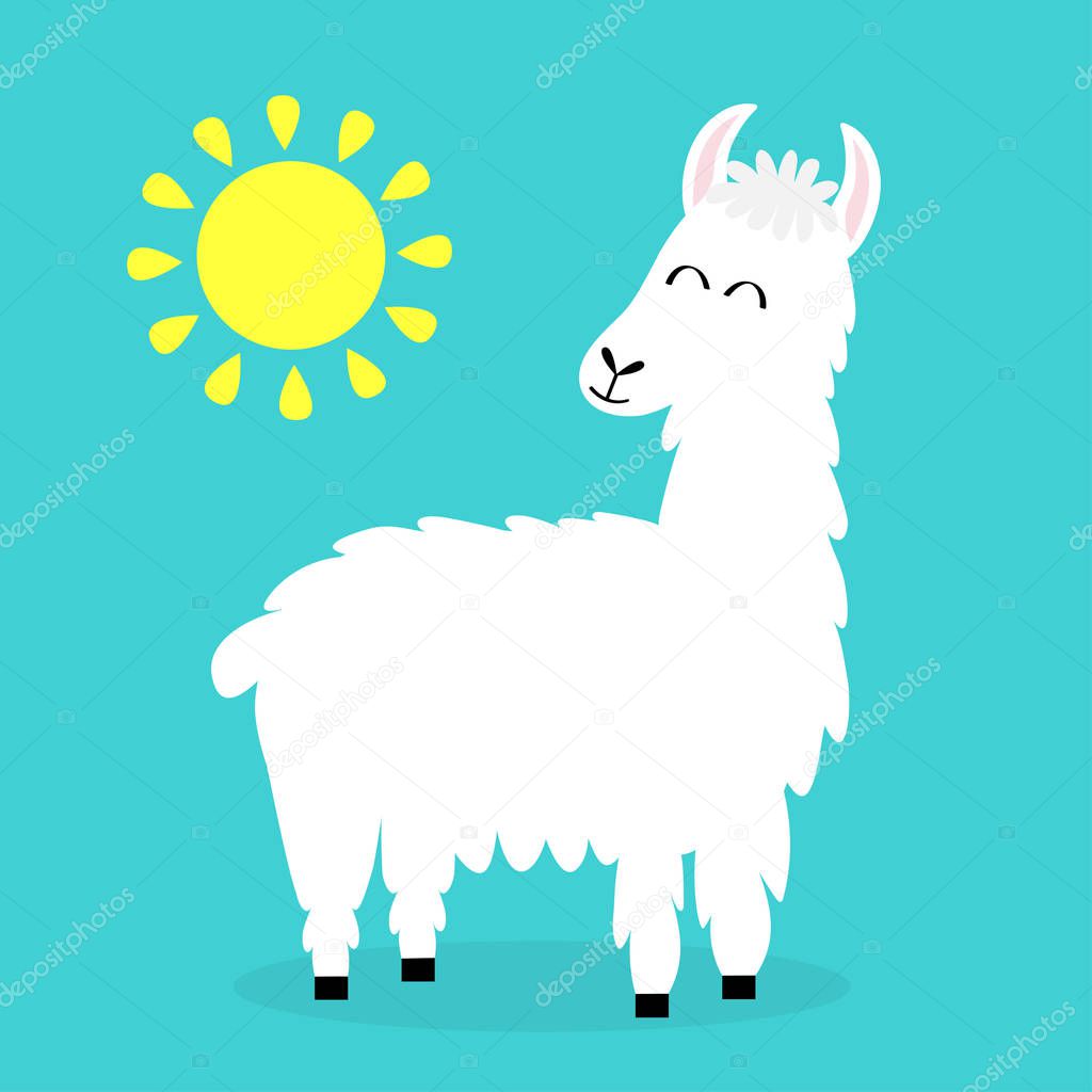 Llama alpaca. Sun shining. Cute cartoon funny kawaii smiling character. Childish baby collection. Fluffy hair fur. T-shirt, greeting card, poster template print. Flat design. Blue background. Vector