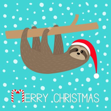 Mutlu Noeller. Tembel hayvan oturma dalda asılı. Noel Baba şapkası. Yüzünü ve ellerini. Sevimli çizgi film karakteri. Merhaba kış. Kar tanesi. Bebek hayvan. Kar düşüyor. Mavi arka plan düz tasarım vektör yavaş