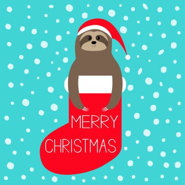 Mutlu Noeller. Kırmızı çorap içinde tembel hayvan. Noel Baba şapkası. Kar tanesi. Yavaş ol, Cute karikatür komik kawaii tembel karakter. Yeni Yılınız Kutlu Olsun. T-shirt, tebrik kartı, poster yazdırma. Düz mavi renkli vektör tasarımı
