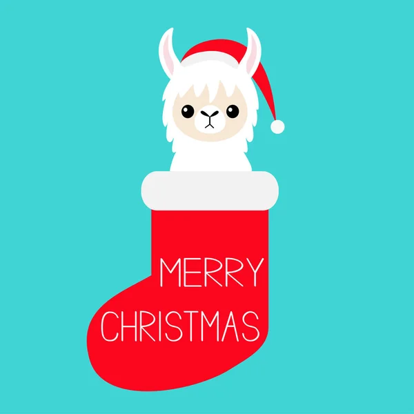 メリークリスマス ラマ赤靴下でアルパカの赤ちゃんの顔 サンタ帽子 かわいい漫画面白い可愛い文字 明けましておめでとう シャツ グリーティング カード ポスター印刷フラット デザイン青背景ベクトル — ストックベクタ