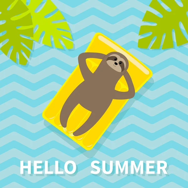 Hello Summer Sloth Floating Yellow Air Pool Water Mattress Top — Stock Vector