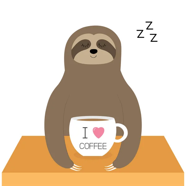 Sloth Sitting Love Coffee Cup Sleeping Sign Zzz Teacup Table — Stock Vector