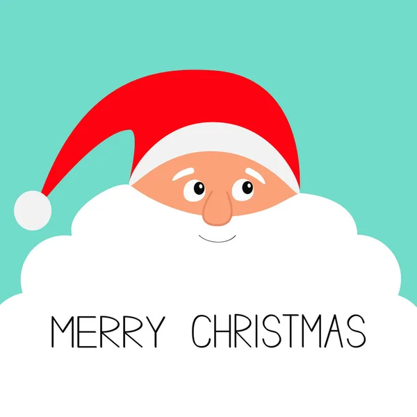 メリークリスマス 大きな白いひげのサンタ クロース顔 赤い帽子 明けましておめでとう グリーティング カード かわいい漫画の面白いキャラクター フラットなデザイン 青色の背景色 — ストックベクタ