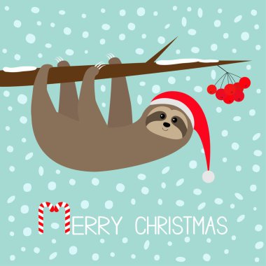 Mutlu Noeller. Tembel hayvan Rowan rowanberry sorb berry ağaç dalına asılı. Noel Baba şapkası. Yeni Yılınız Kutlu Olsun. Sevimli çizgi komik karakter. Bebek koleksiyonu. Düz tasarım. Mavi kar arka plan. Vektör