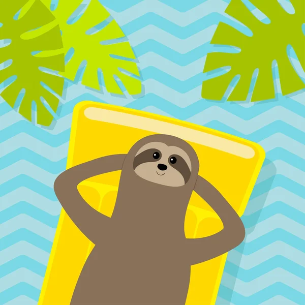 懒散漂浮在黄色的空气池水床垫上 慢点开 顶部鸟图 棕榈树叶 可爱的卡通放松睡觉懒惰的性格 有波浪的水 扁平设计 — 图库矢量图片