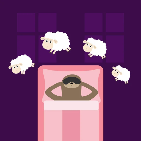 かわいい怠惰なナマケモノ アイマスク 羊をジャンプします カント睡眠ベッドのコンセプトになります 羊を数えます 動物セットです ベビー コレクション 毛布枕 番の部屋の窓 — ストックベクタ