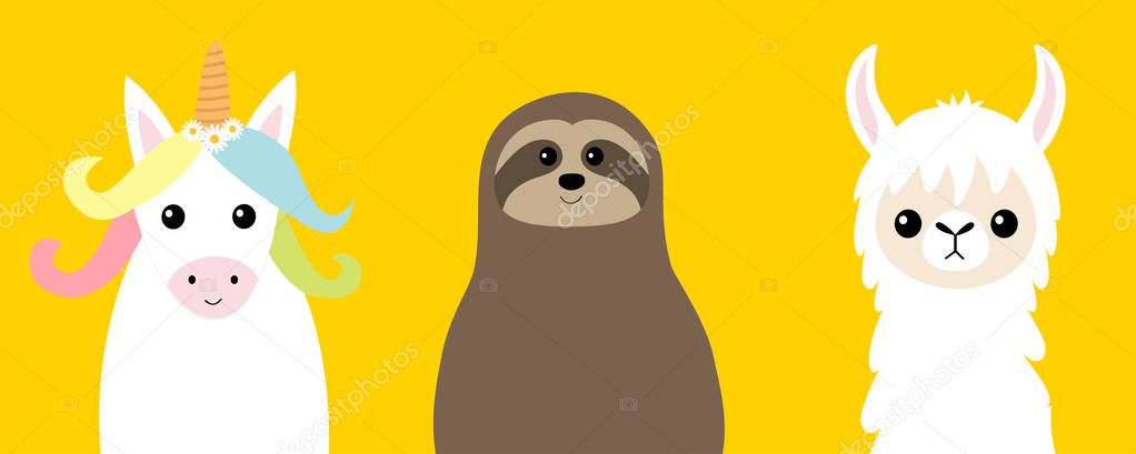 Sloth, alpaca, llama,unicorn set. Cute cartoon funny kawaii character. T-shirt, greeting card, poster banner template print. Childish baby collection. Flat design. Yellow background Vector