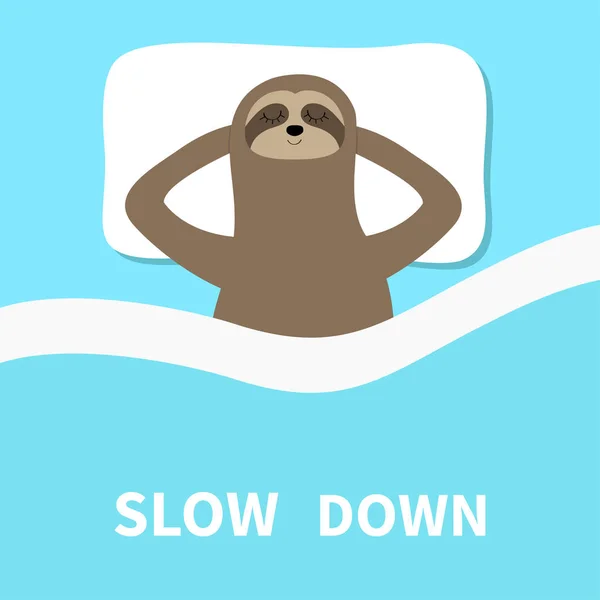 Sloth sleeping. Slow down. Cant sleep going to bed concept. Blanket pillow. Cute cartoon funny kawaii lazy character. Baby collection. Flat design. Blue background. Vector illustration