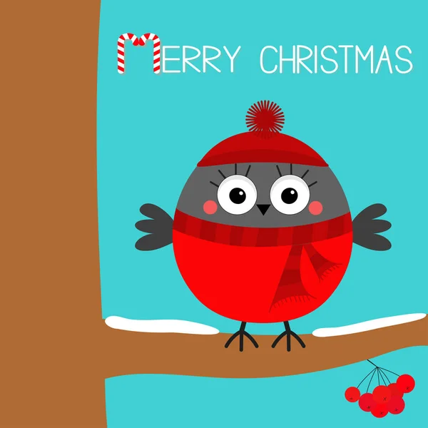 Merry Christmas. Bullfinch winter bird on rowan rowanberry sorb berry tree snow branch. Red hat, scarf. Candy cane. Cute cartoon baby character. Happy New Year. Flat design. Blue background. Vector