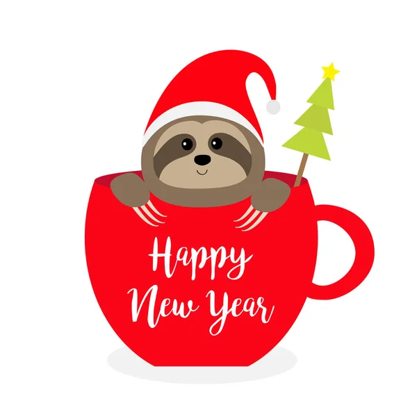 Bonne Année Sloth Assis Dans Une Tasse Café Rouge Tasse — Image vectorielle