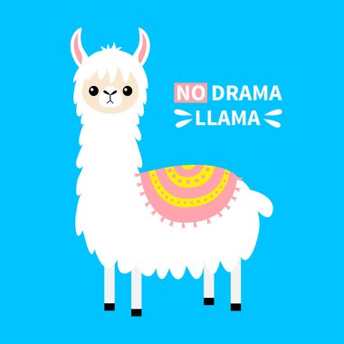 Yok drama Lama. Alpaka hayvan. Sevimli çizgi film komik kawaii karakteri. Bebek yüz. Çocukça koleksiyonu. T-shirt, tebrik kartı, poster şablonu yazdırma. Düz tasarım. Mavi arka plan.